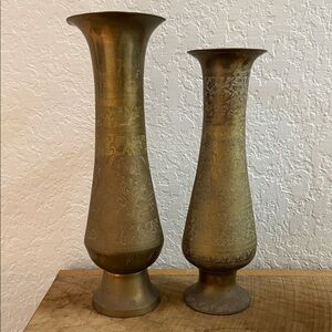Vintage Hand Etched Brass Vase Set